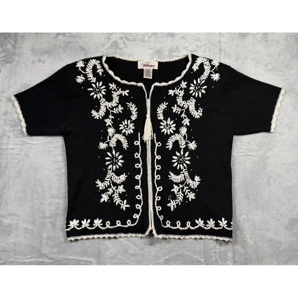 Vintage Worthington Black Embroidered Ramie Cardigan Petite Small